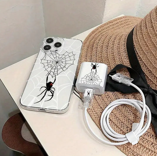(Özel Sipariş) 5 Parça Şeffaf Örümcek Ağı Baskılı Telefon Kılıfı, Şarj Başlığı ve Kablo Koruyucu Seti iPhone Uyumludur