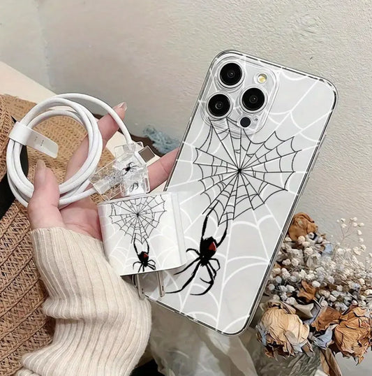 (Özel Sipariş) 5 Parça Şeffaf Örümcek Ağı Baskılı Telefon Kılıfı, Şarj Başlığı ve Kablo Koruyucu Seti iPhone Uyumludur
